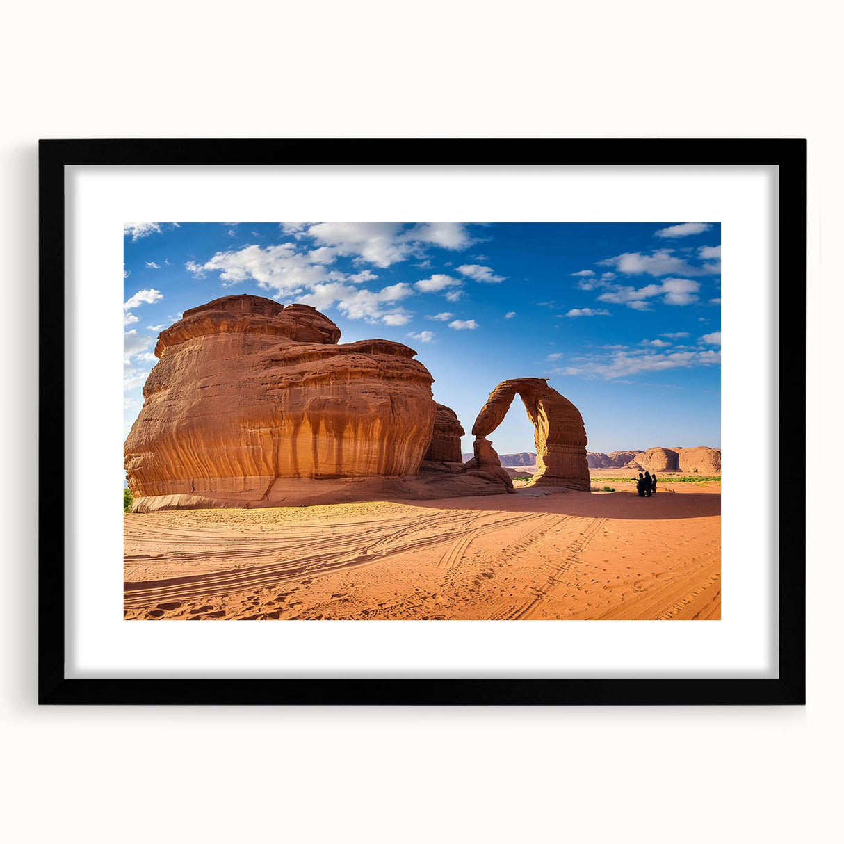 Extra large abstract art print of a colorful Middle Eastern scenery on textured canvas, framed in black.
