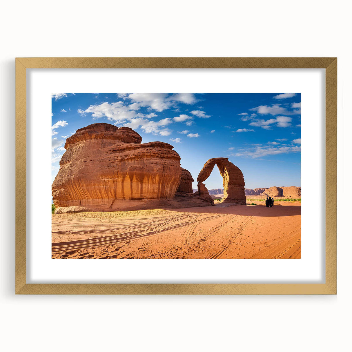 Extra large wall art depicting an abstract textured scene in gold and beige tones, framed with mat.