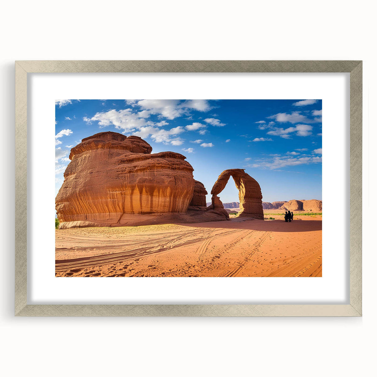 Textured abstract art print depicting a serene Middle Eastern landscape in muted earth tones, framed with a silver mat.