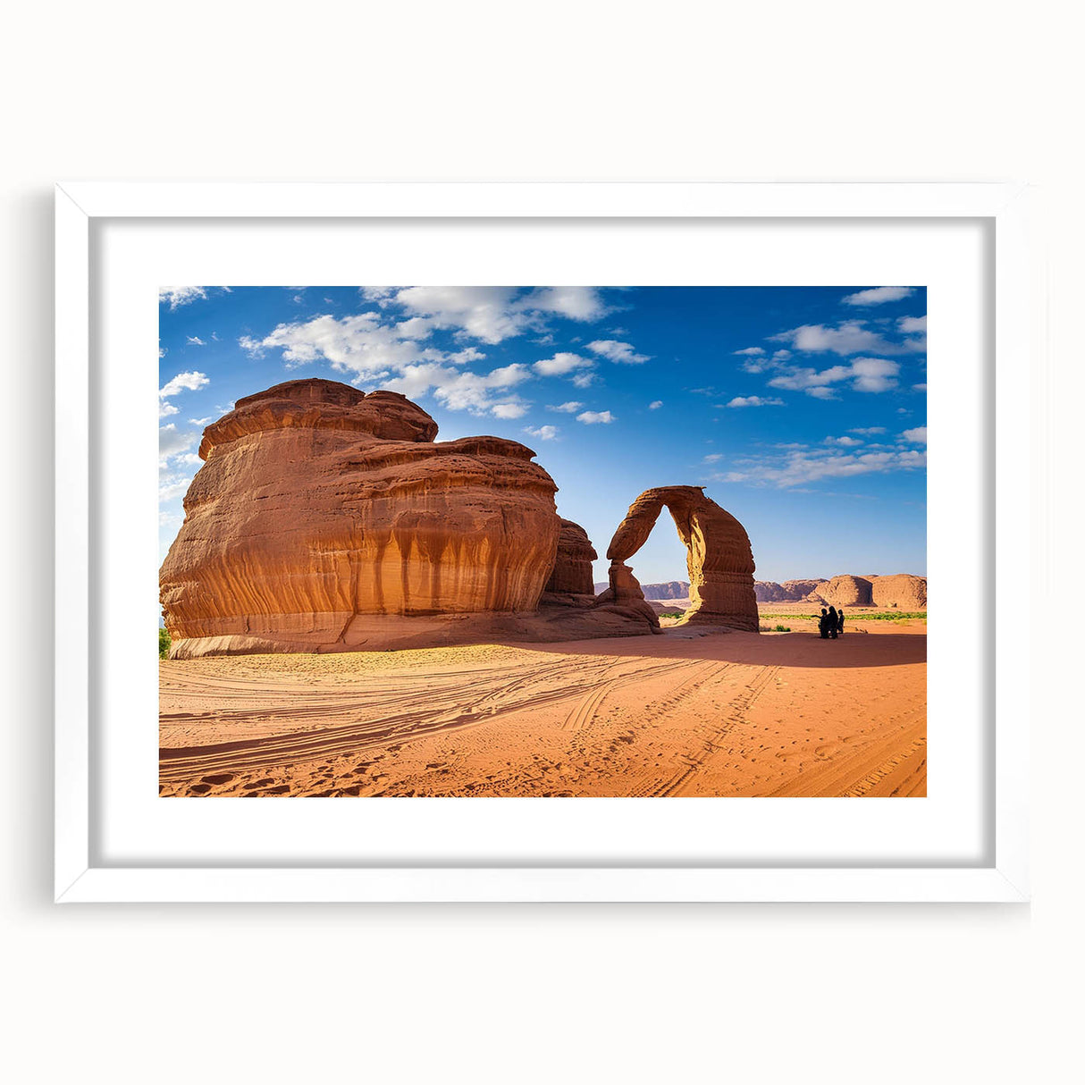 Abstract art print of a stylized Saudi Arabian landscape in muted earth tones on a framed, matted white canvas.