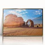 Mid-century modernist style large art print of a Saudi Arabian scenery in gold tones on a framed acrylic.