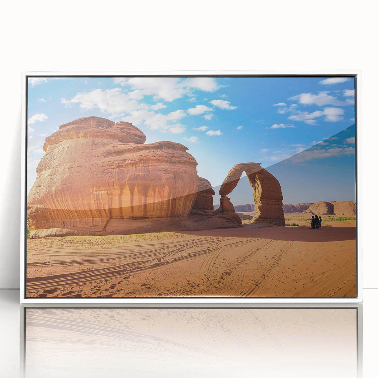 Art deco poster of Saudi Arabian scenery in muted earth tones on framed acrylic, suitable for modern nursery wall art.