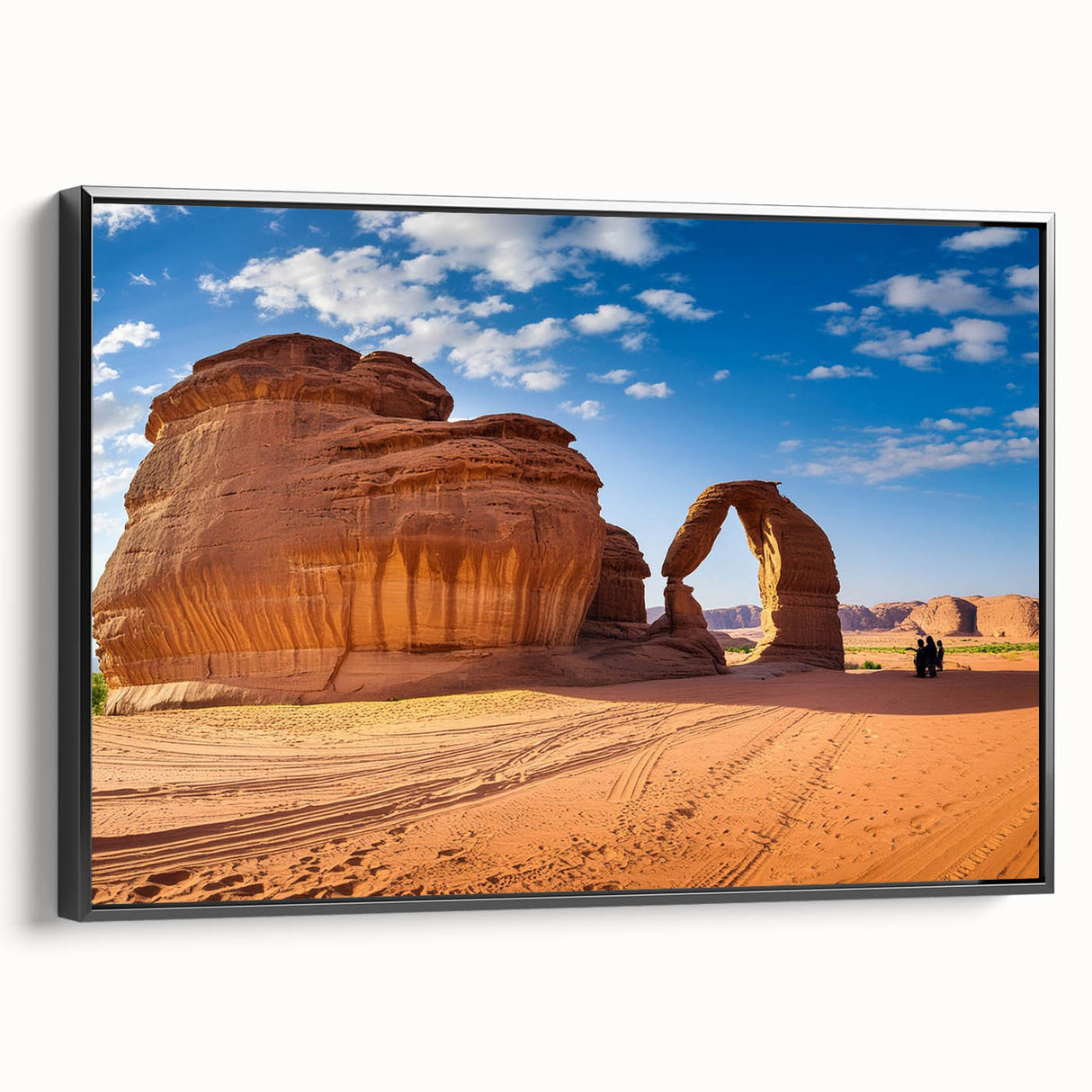 Black and white framed canvas of a Saudi Arabian landscape, ideal for bedroom wall art.