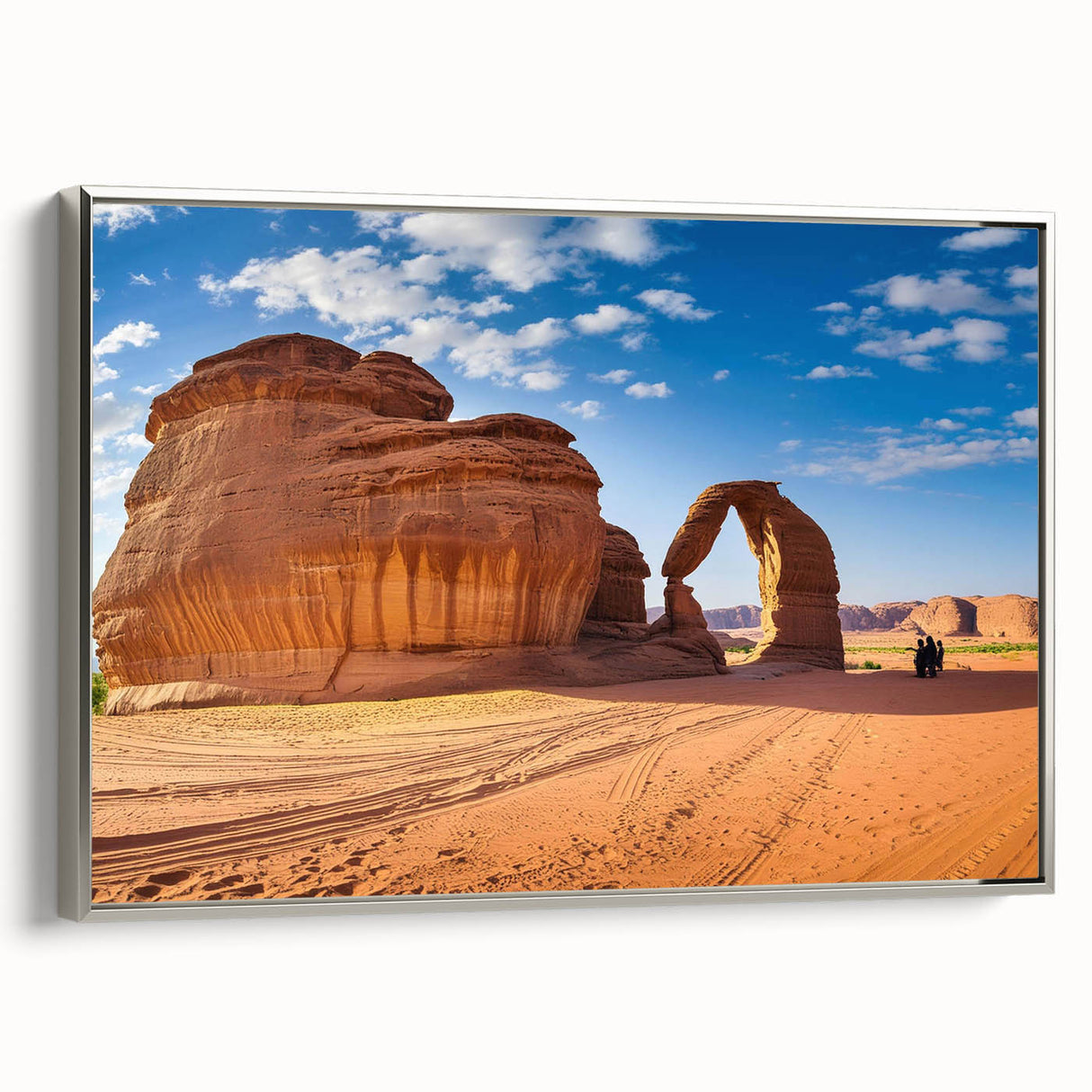 Framed canvas landscape art painting featuring a vintage-style Saudi Arabian scenery in muted colors, ideal for office decor.