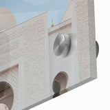 Large abstract wall art of Abu Dhabi skyline in muted gray tones on acrylic glass, suitable for dining room ambiance.