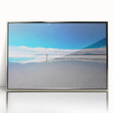 Mid-century modernist art depicting a Bolivian landscape in muted earth tones, framed in silver acrylic.