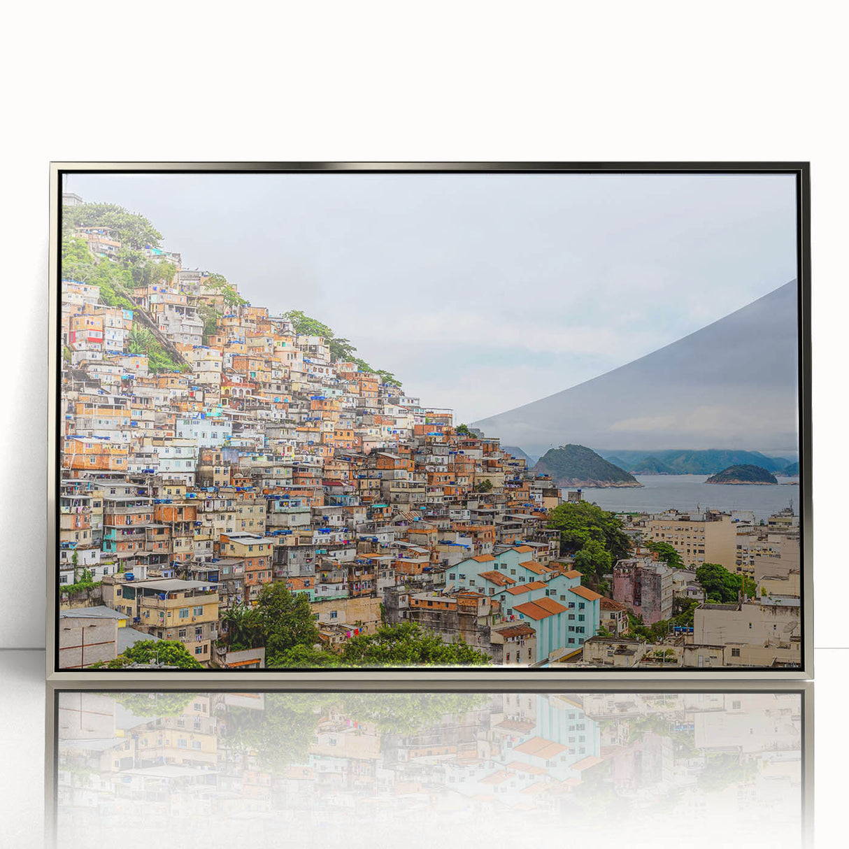 Mid-century modernist art depicting a vibrant Brazilian landscape in acrylic on a silver-framed canvas.