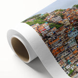 Art deco poster of a Brazilian landscape in pastel shades on rolled canvas, ideal for nursery wall art.