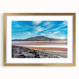 Extra large abstract art print of Chilean scenery in textured gold frame, featuring muted earth tones.