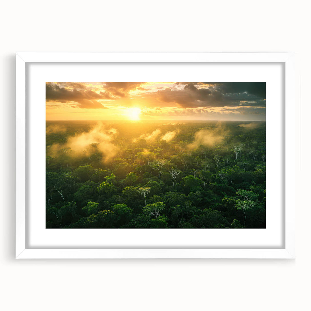 Abstract art print of a Colombian landscape in muted earth tones on a framed white mat, suitable for dining room decor.