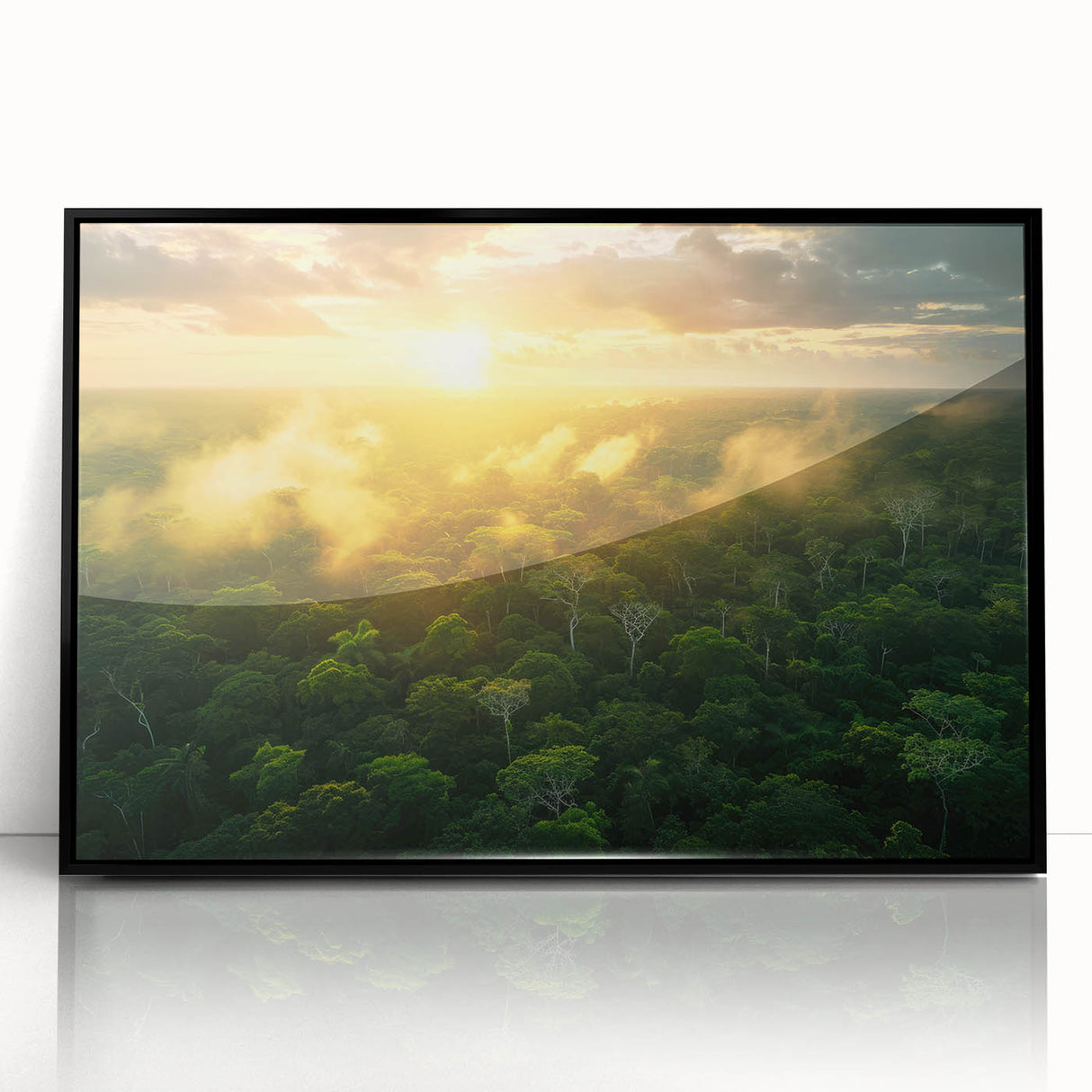 Large abstract wall art of a Colombian landscape in muted earth tones, framed in black acrylic.