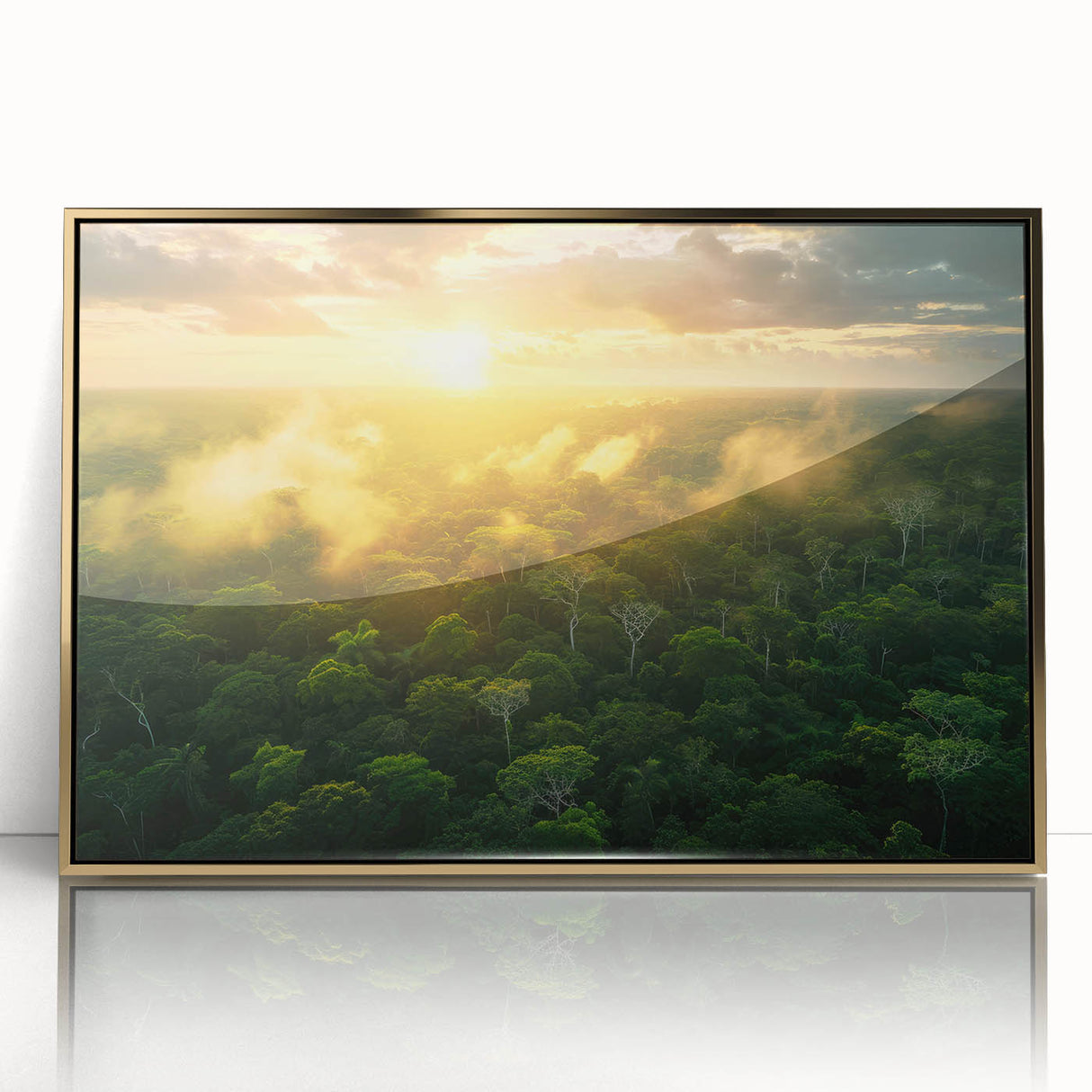 Framed acrylic print of a mid-century modernist Colombian landscape in earth tones, ideal for modern art wall decor.