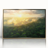 Framed acrylic print of a mid-century modernist Colombian landscape in earth tones, ideal for modern art wall decor.