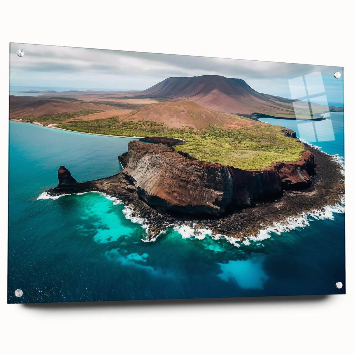 Acrylic print of a large abstract Galapagos scenery in vibrant blue and green, ideal for bedroom or dining room decor.
