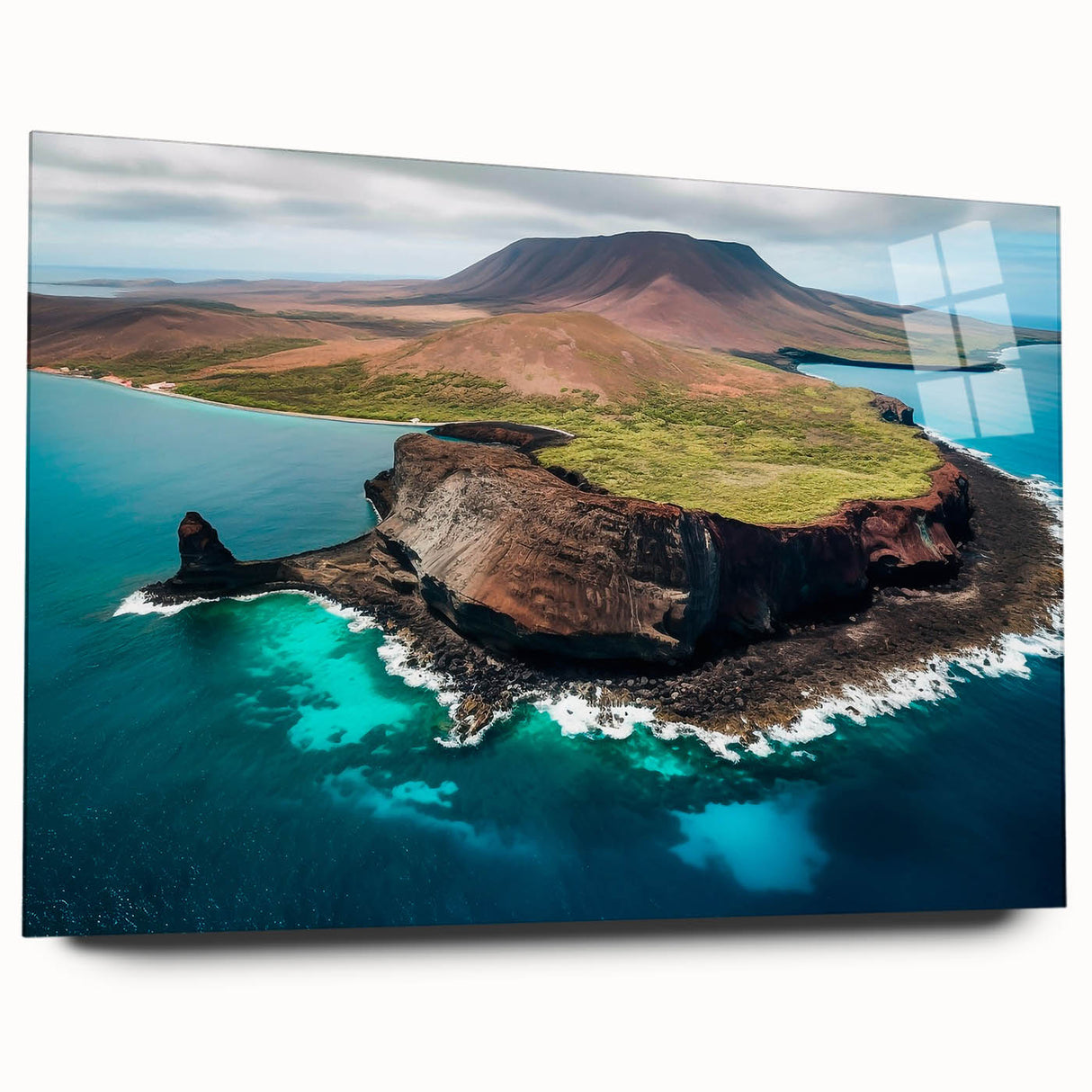 Large abstract wall art of Galapagos scenery in vibrant blues and greens on acrylic glass.