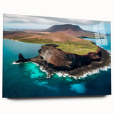 Large abstract wall art of Galapagos scenery in vibrant blues and greens on acrylic glass.
