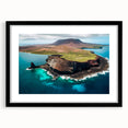 Extra large abstract art print of colorful, textured scenery of the Galapagos, in a black frame, ideal for living room decor.