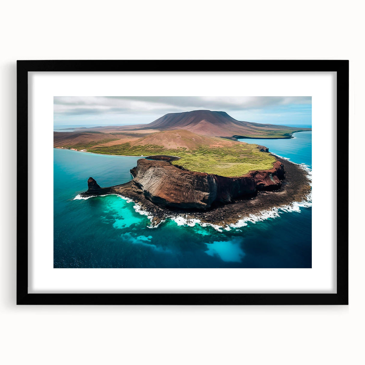 Extra large abstract art print of colorful, textured scenery of the Galapagos, in a black frame, ideal for living room decor.