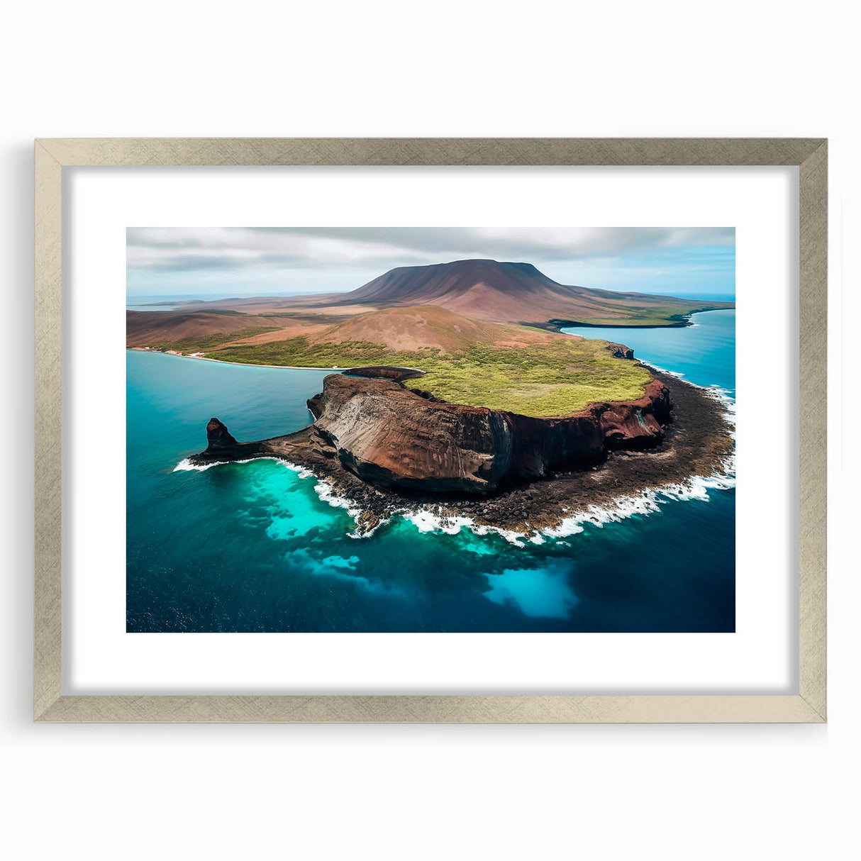 Textured abstract art print depicting Galapagos scenery in earth tones, framed in silver, ideal for bedroom art.