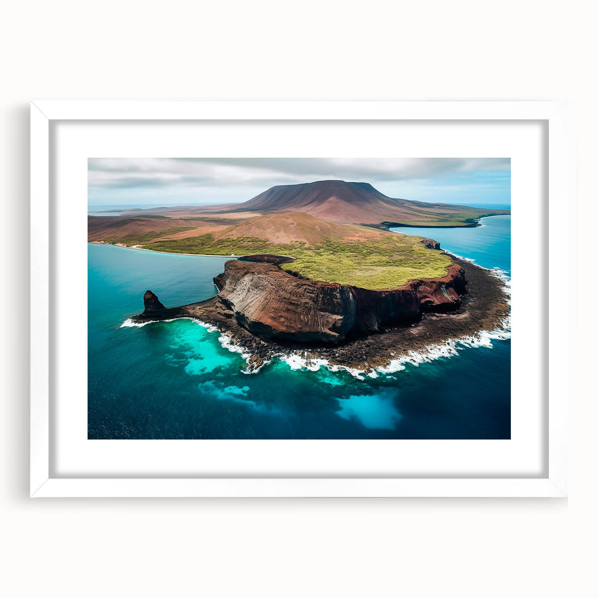 Abstract art print of Galapagos scenery in muted earth tones on a white framed canvas, ideal for dining room decor.