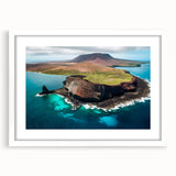 Abstract art print of Galapagos scenery in muted earth tones on a white framed canvas, ideal for dining room decor.