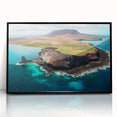 Large abstract wall art depicting a stylized Galapagos scenery in muted earth tones on a framed acrylic.
