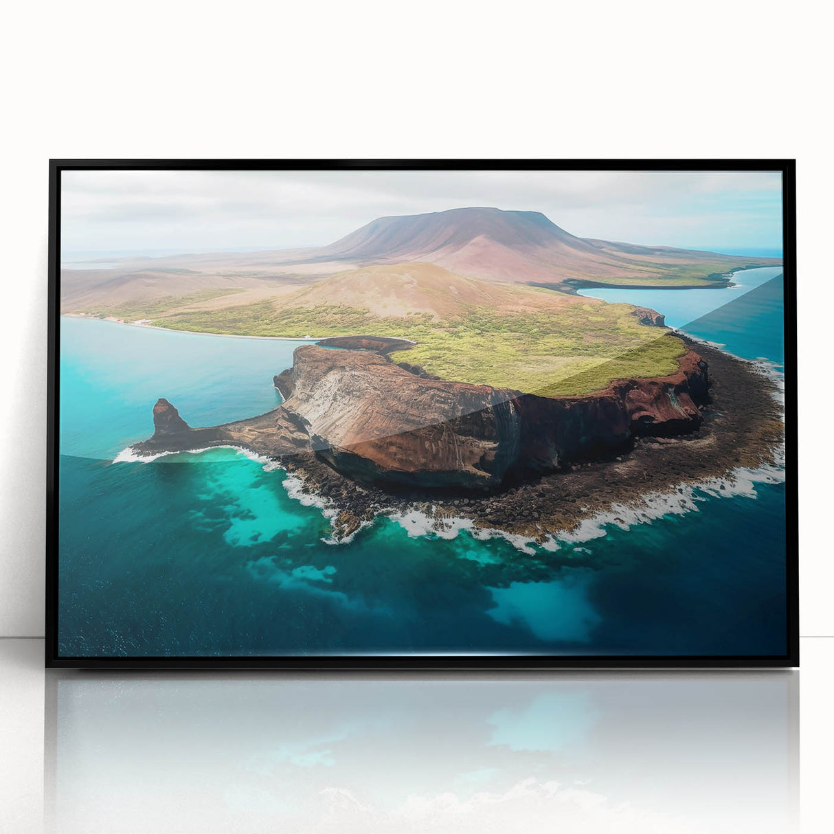 Large abstract wall art depicting a stylized Galapagos scenery in muted earth tones on a framed acrylic.