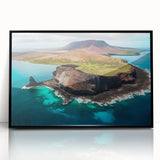 Large abstract wall art depicting a stylized Galapagos scenery in muted earth tones on a framed acrylic.