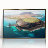 Mid-century modernist art of Galapagos scenery on a large acrylic print with gold frame, ideal for nursery wall art.