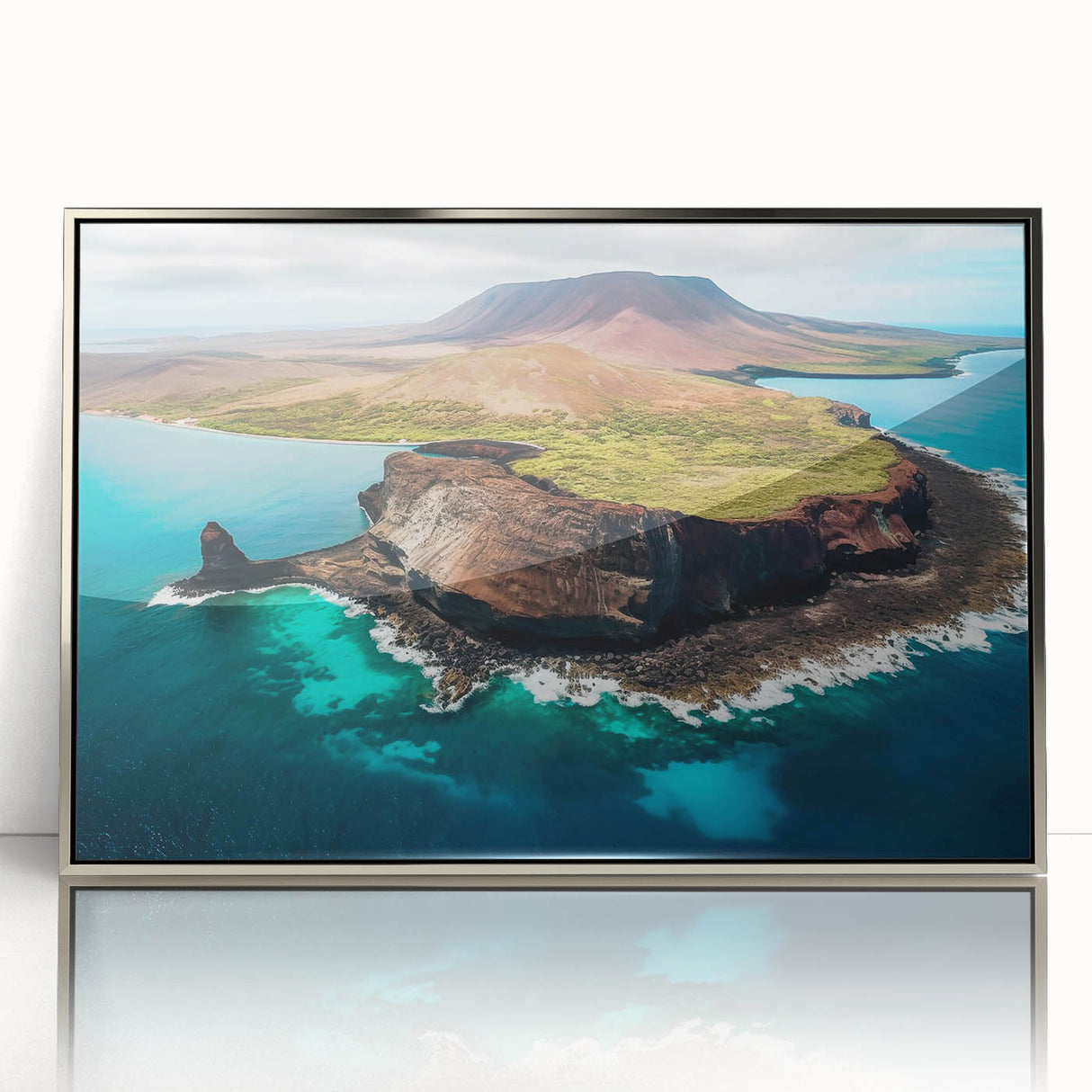 Mid-century modernist art depicting Galapagos scenery in muted earth tones on silver-framed acrylic.