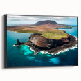 Black and white framed canvas of Galapagos landscape, ideal for bedroom wall art.