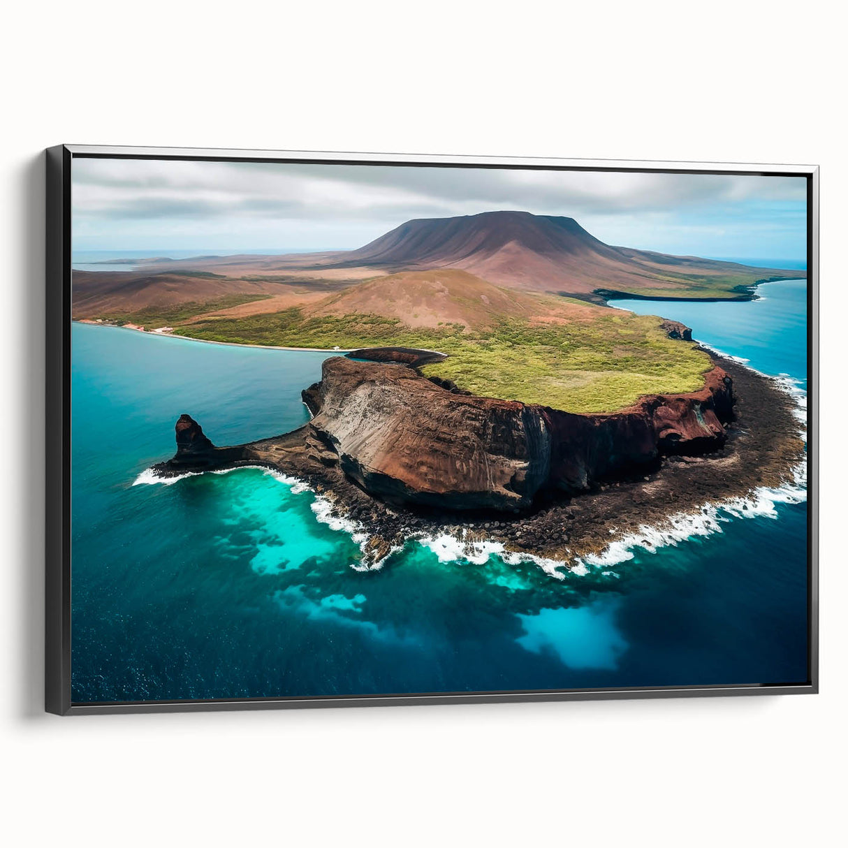 Black and white framed canvas of Galapagos landscape, ideal for bedroom wall art.