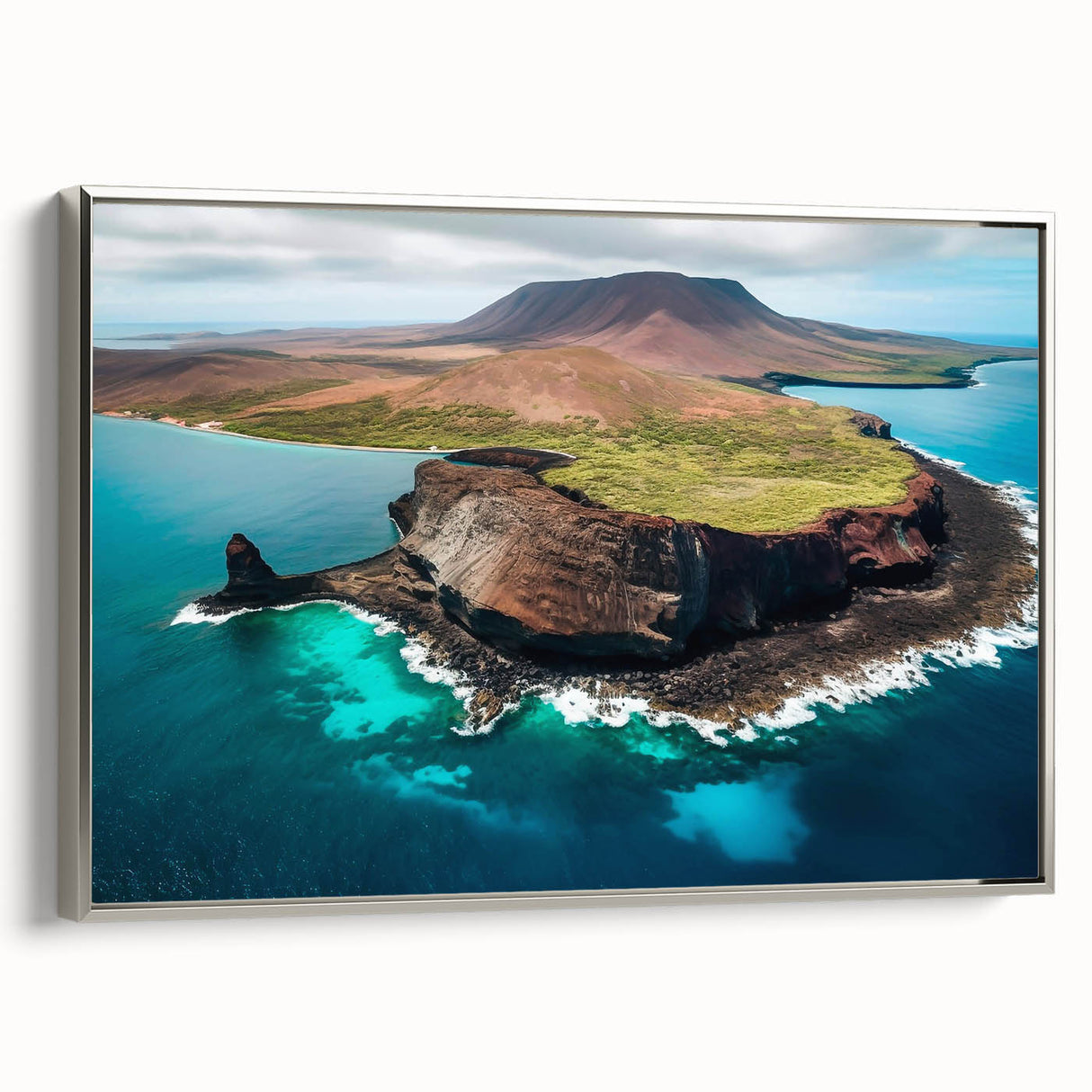 Framed canvas featuring a landscape art painting of the Galapagos with vibrant green and blue tones.