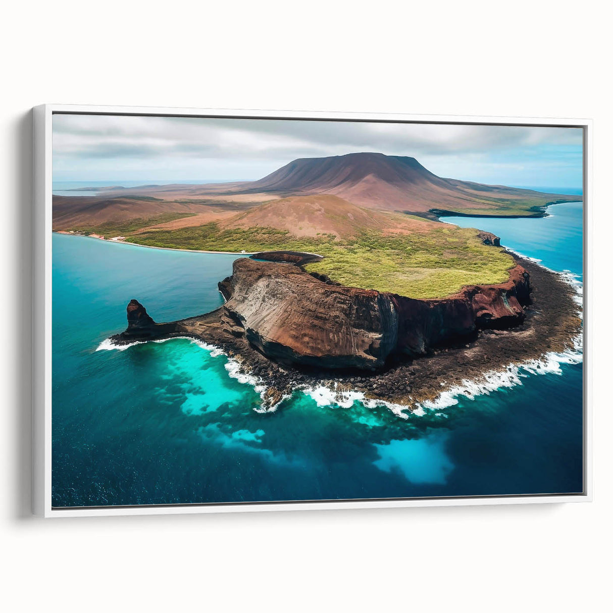 Vintage poster art of Galapagos scenery on framed canvas, featuring vibrant colors, ideal for living room decor.