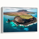 Vintage poster art of Galapagos scenery on framed canvas, featuring vibrant colors, ideal for living room decor.