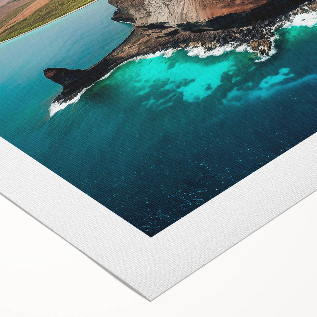 Art deco poster of Galapagos scenery in soft blue and green tones on rolled canvas, suitable for dining room wall art.