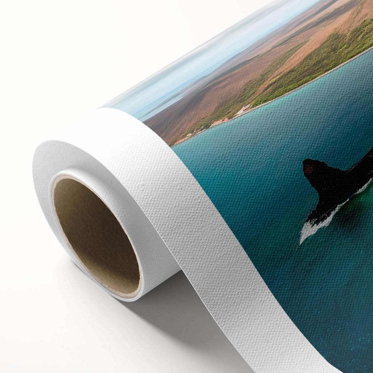 Art deco poster of Galapagos scenery on rolled canvas, featuring muted earth tones, ideal for nursery wall art.