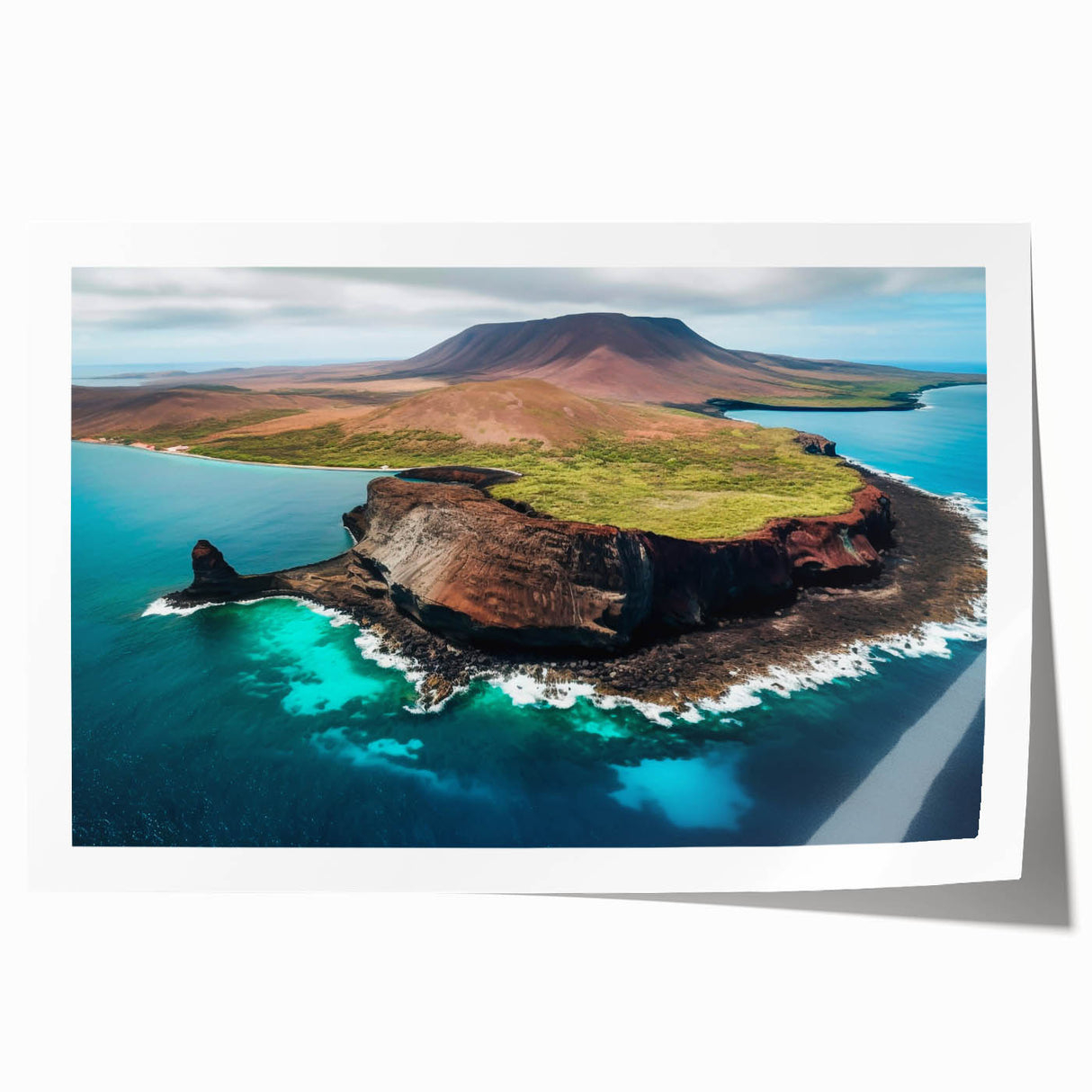Extra large rolled print of a Galapagos scenery featuring vibrant green and blue tones, suitable for dining room wall art.