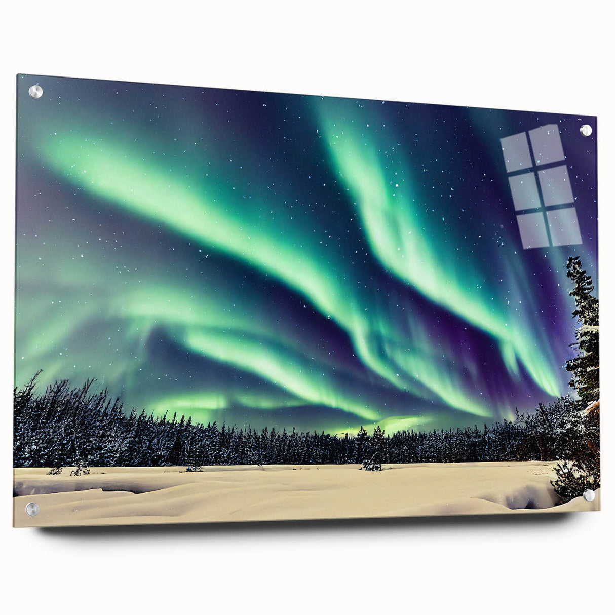 Acrylic glass print of a large abstract depiction of Alaskan scenery, in cool blue and gray tones.