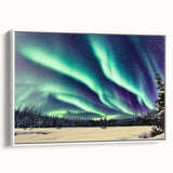 Vintage poster art of Alaska scenery on extra-large framed canvas, featuring colorful art against a black background.