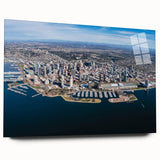 Acrylic print of a large abstract depiction of San Diego, featuring vibrant blue and orange tones.