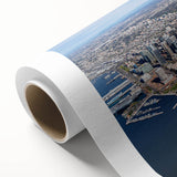 Art Deco style poster of San Diego skyline in pastel blue and pink, ideal for nursery wall art on rolled canvas.