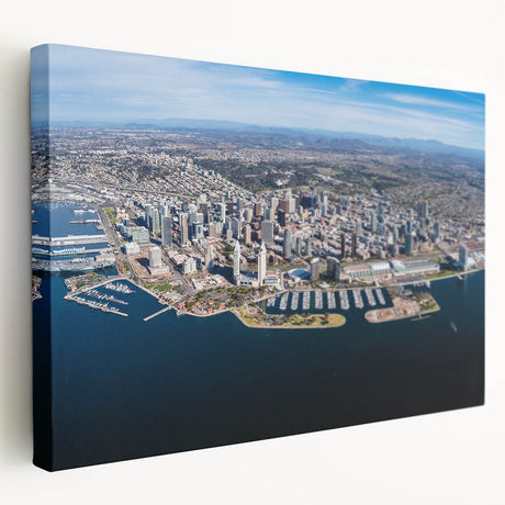 San Diego skyline depicted in vibrant sunset hues on a large stretched canvas, suitable for kitchen wall art.
