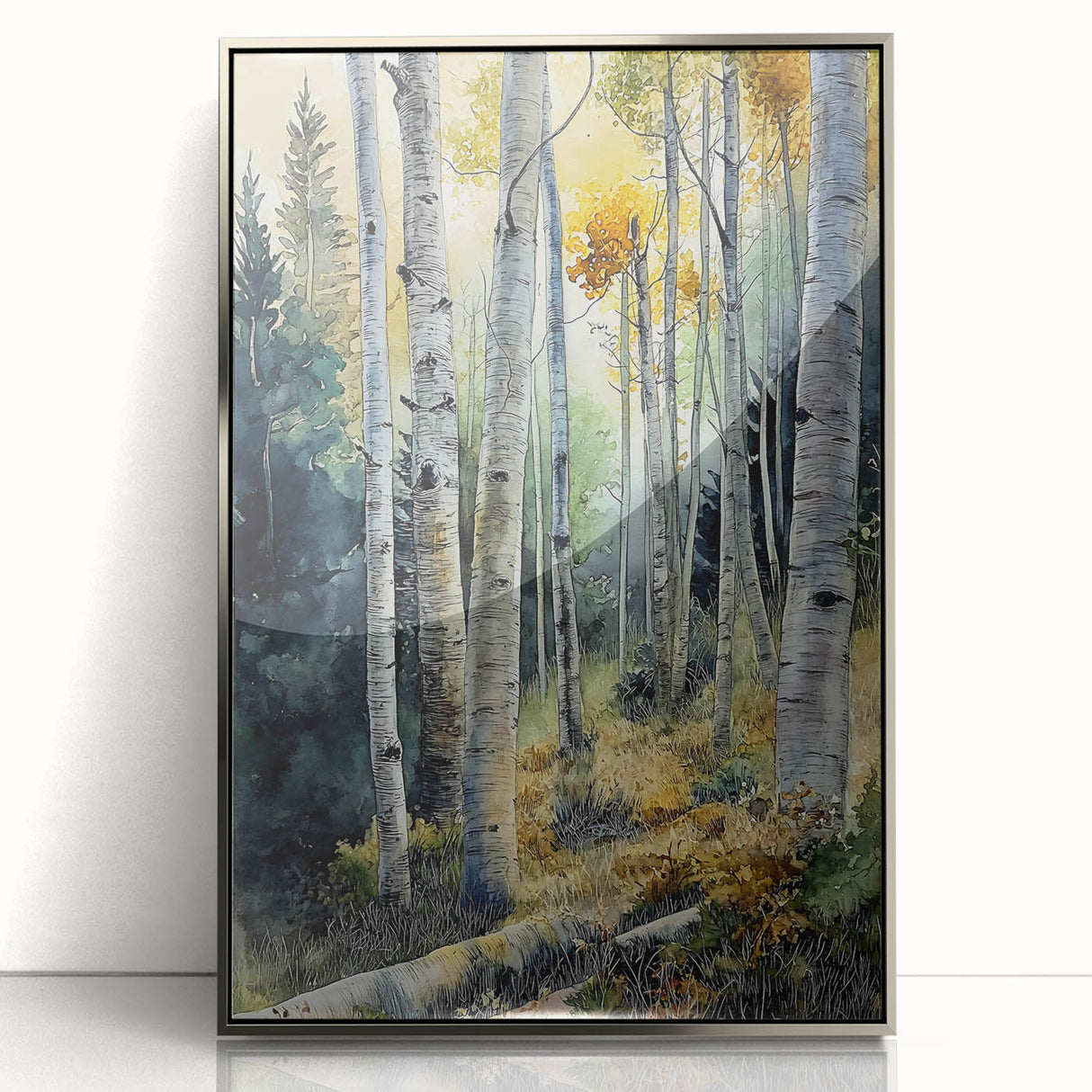 Mid-century modernist art depicting the Aspen, Colorado scenery in muted earth tones on a framed acrylic panel.