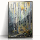 Mid-century modernist art depicting the Aspen, Colorado scenery in muted earth tones on a framed acrylic panel.