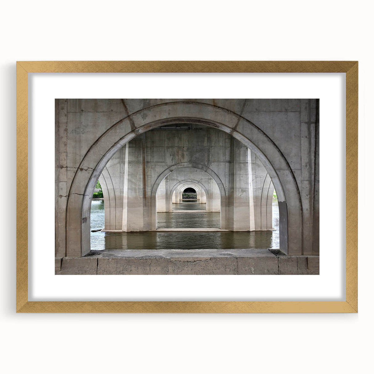 Extra large abstract art print featuring textured scenery of Connecticut in muted earth tones, framed in gold.