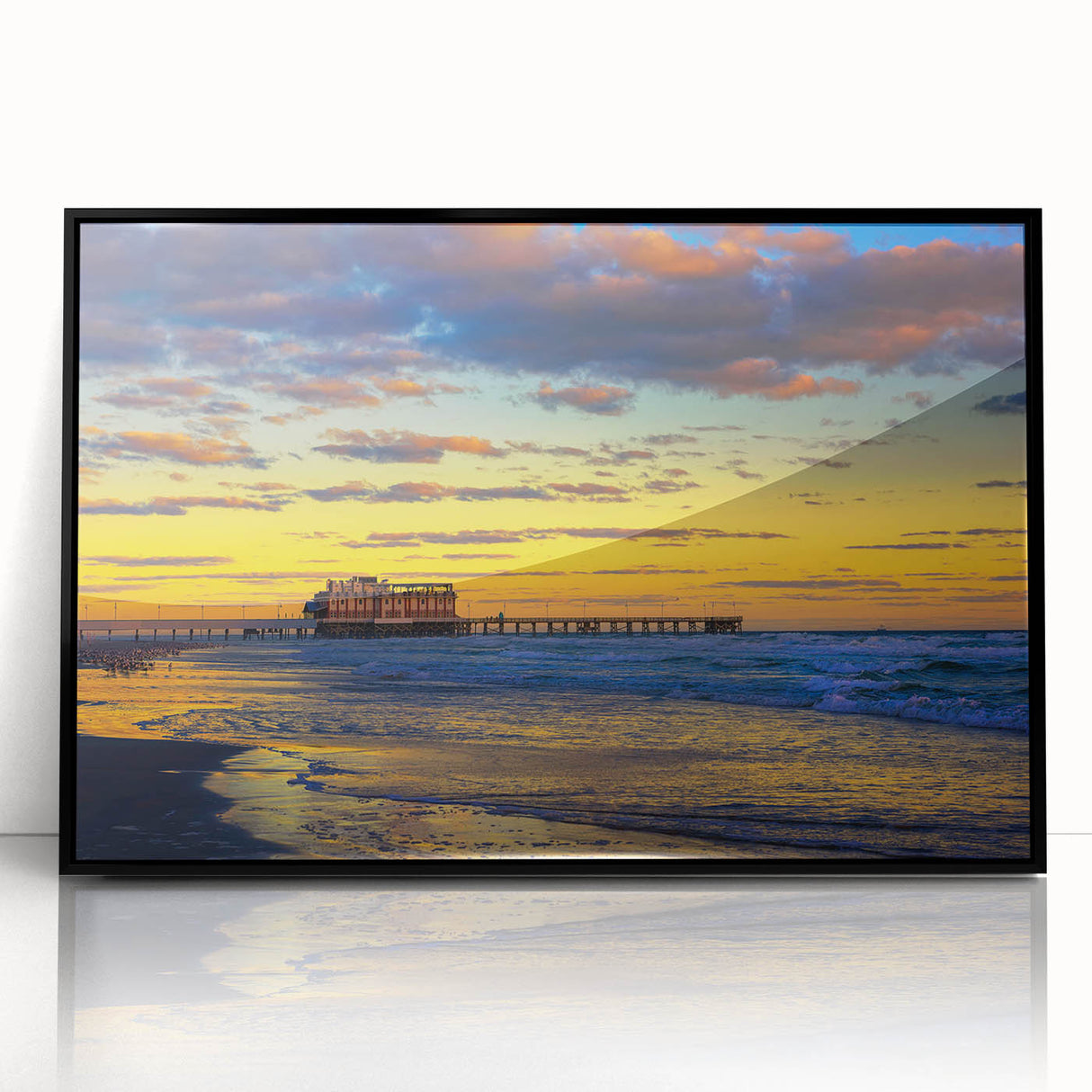 Large abstract wall art depicting Daytona scenery in muted grays and blues on framed acrylic.
