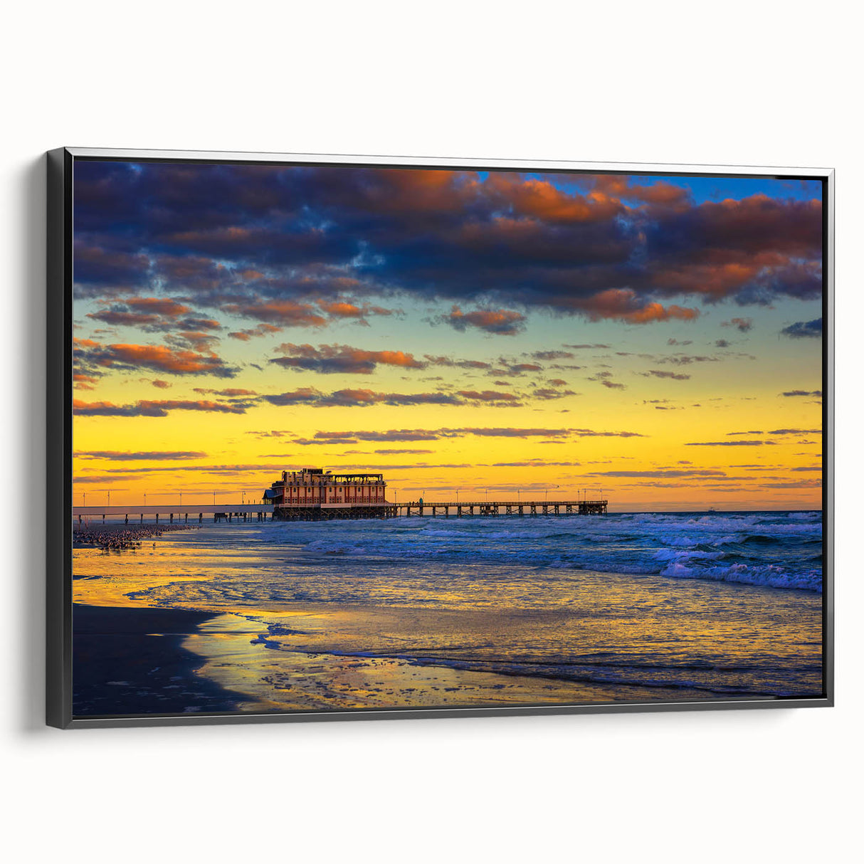 Black and white framed canvas of Daytona landscape, ideal for bedroom wall decor, in vintage poster style.