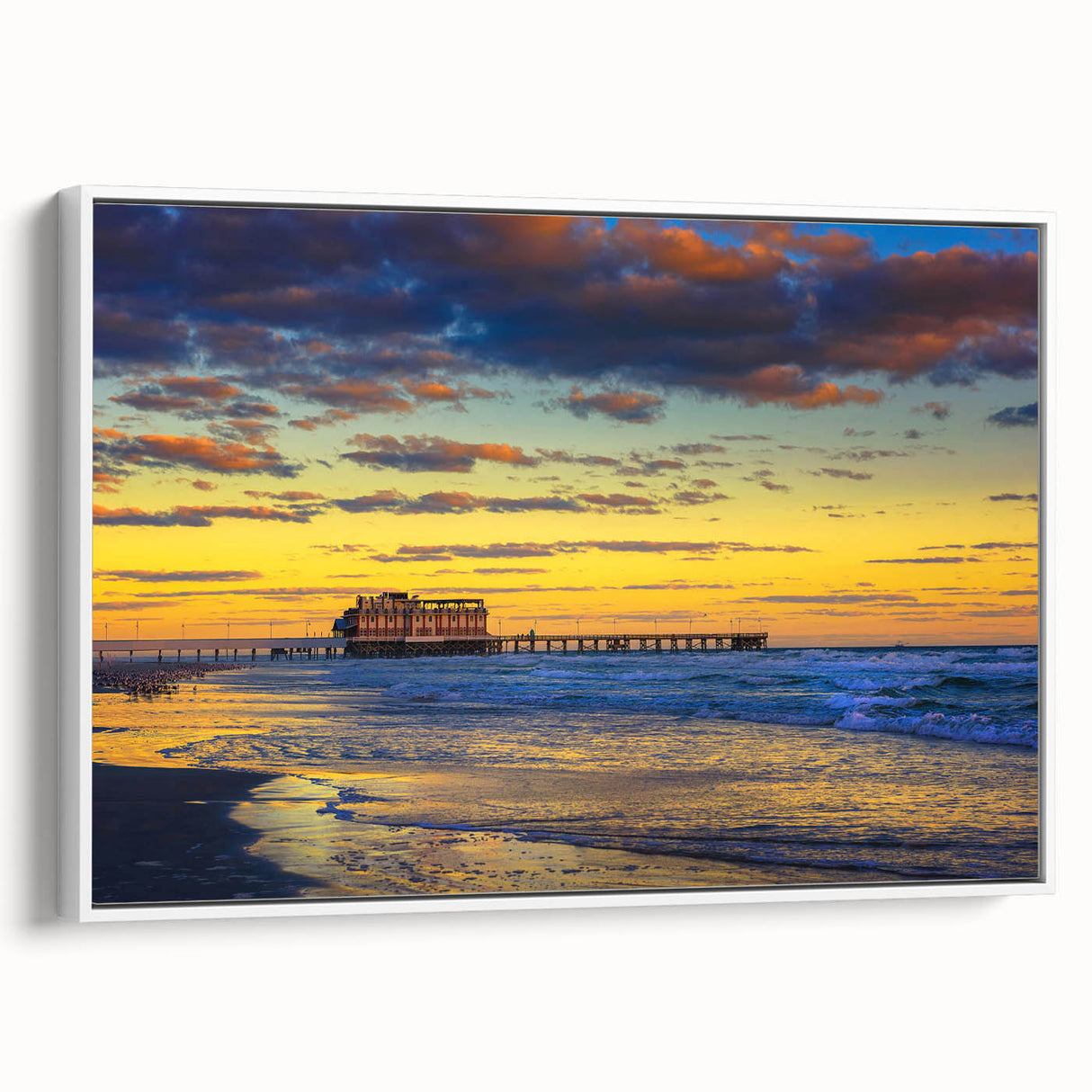Vintage poster art of Daytona with colorful accents on a framed canvas, ideal for living room decor.