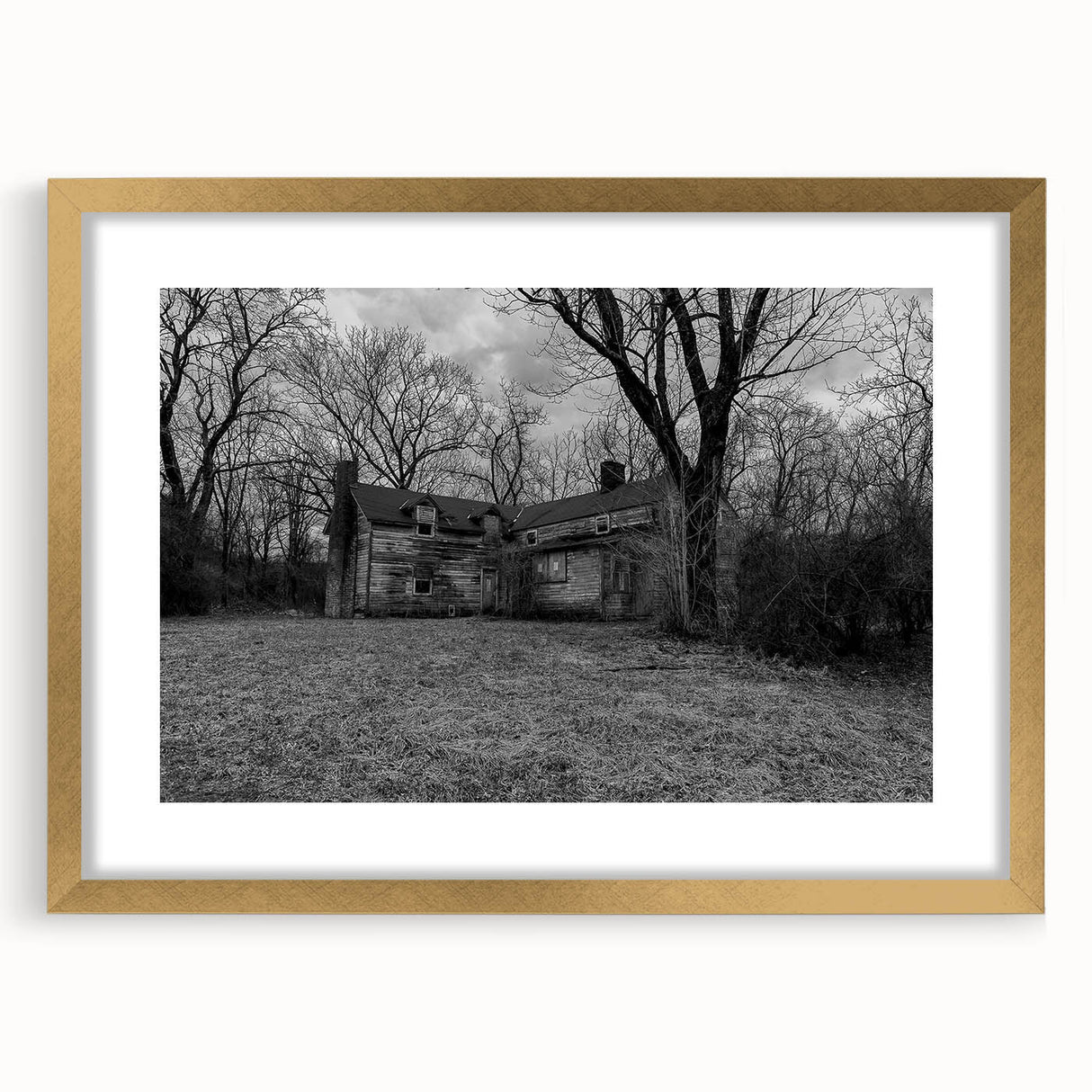 Extra large abstract art print depicting textured Delaware scenery in muted earth tones, framed in gold.